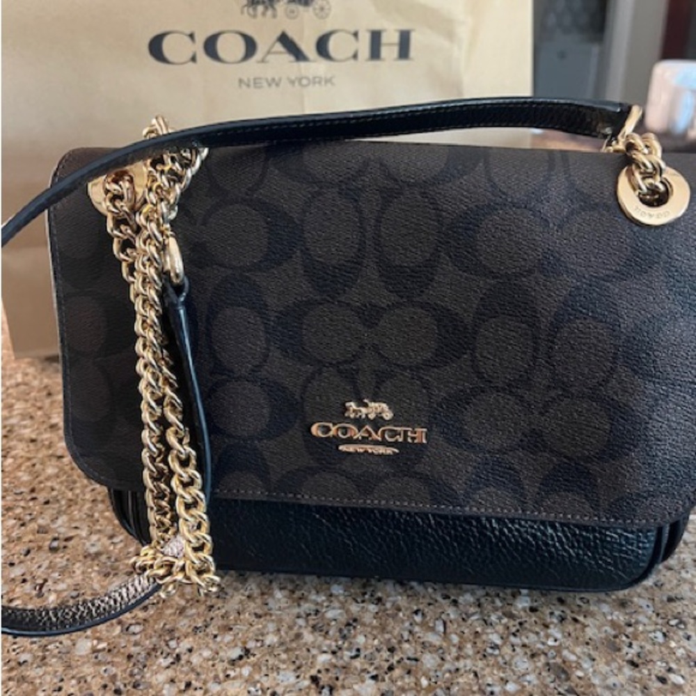 Coach Signature Black Brown and Gold Crossbody Bag